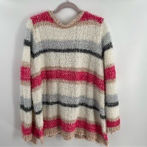 Lane Bryant Striped Boucle Loose Knit Sweater Grosgrain Ribbon Bow Tie Back